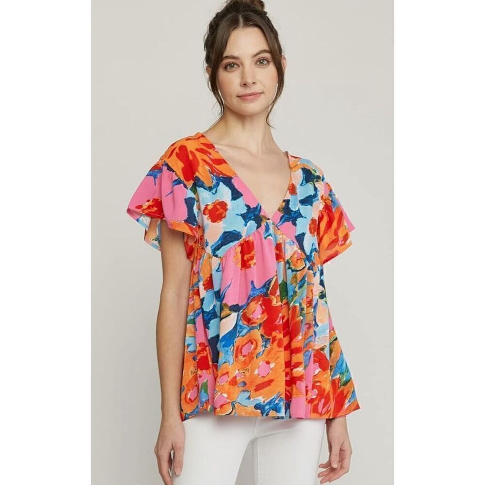 Entro Women's Floral Double V Ruffle Sleeve Tunic Top